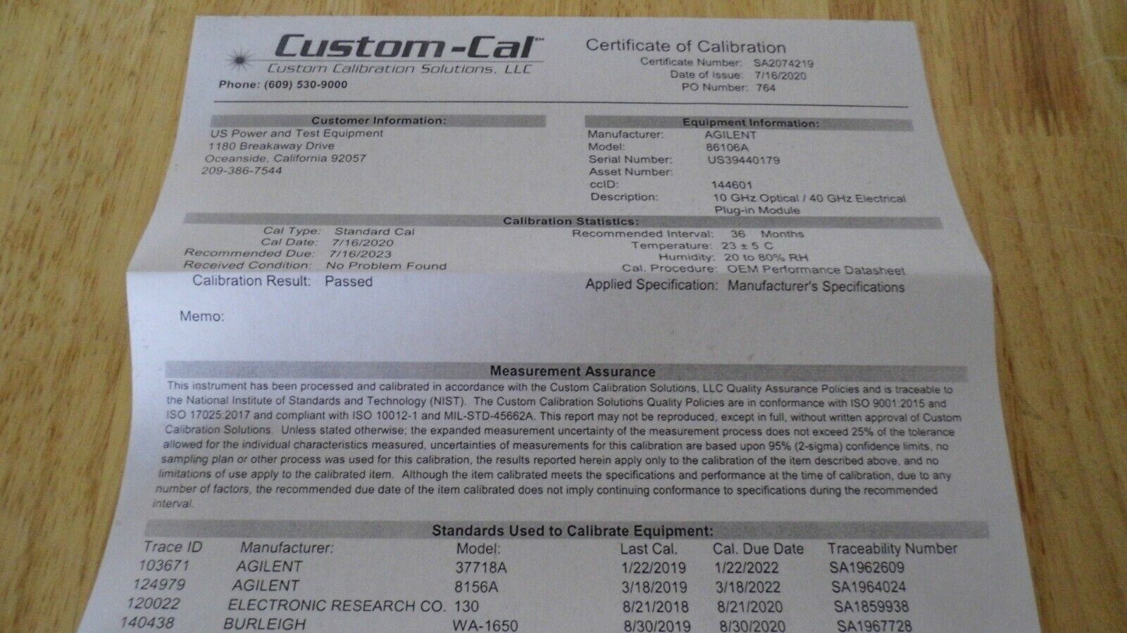 HP Agilent 86106A 30GHz Optical/40GHz Module w/ Opt 102 5th Order, nist cal'ed HP Agilent 86106A 30GHz Optical/40GHz Module w/ Opt 102 5th Order, nist cal'ed